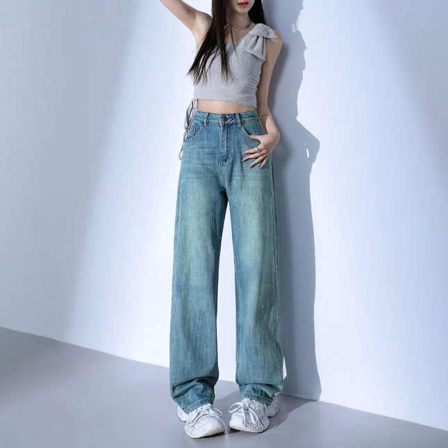 American Style Hot Drilling Peacock Green Straight Jeans Women's Spring and Summer 2025 New High Waist Loose Slimming Narrow Wide Leg Pants