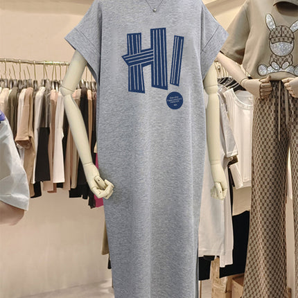 plus size Short-sleeved Cotton Mid-length Dress Women's 2025 Summer New All-match Loose Long Dress Flying Sleeve Split dress