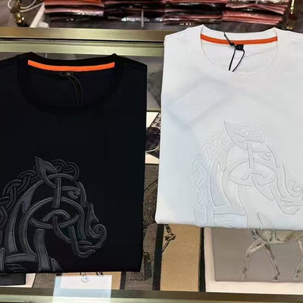 [Light Luxury and Classy] War Horse Leather Embroider Men's Short-Sleeved Summer Fashion Casual Versatile Round Neck T-Shirt Thin