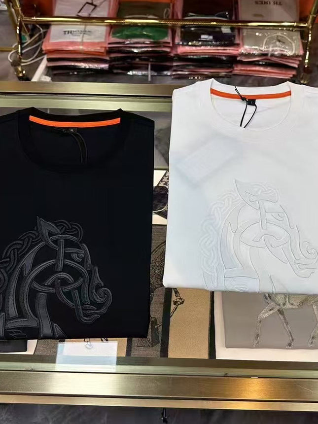 [Light Luxury and Classy] War Horse Leather Embroider Men's Short-Sleeved Summer Fashion Casual Versatile Round Neck T-Shirt Thin