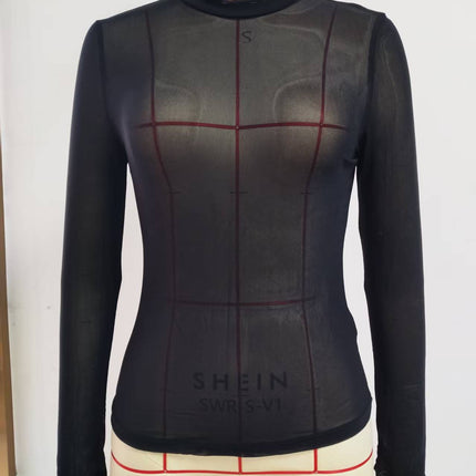 Europe and the United States cross-border 2024 new single-layer mesh small collar flocking printing long sleeve base coat women's T-shirt