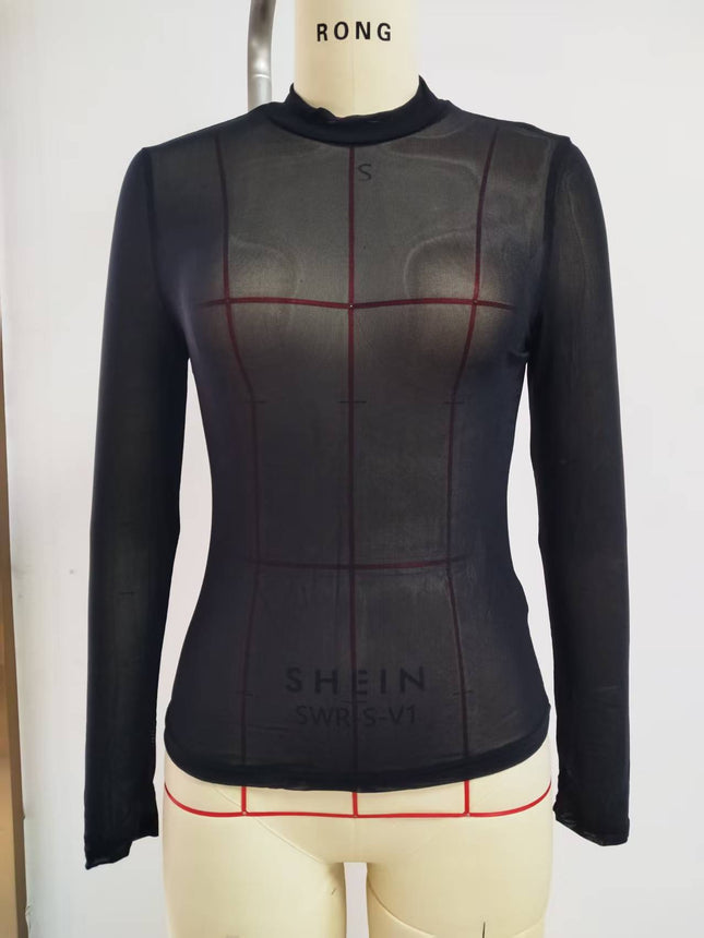 Europe and the United States cross-border 2024 new single-layer mesh small collar flocking printing long sleeve base coat women's T-shirt
