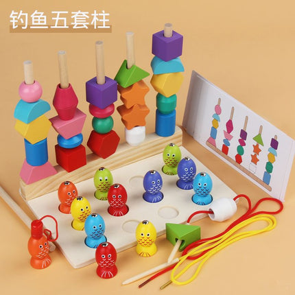 Wooden Children's Educational Beaded Toys Five Sets of Column Color Sensory Enlightenment Children's Shape Perception Building Blocks Toys