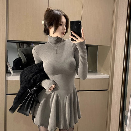 Pure Desire Hot Girl High Neck Versatile Long Sleeve Dress Women's Autumn and Winter New Waist Puff Skirt Slimming Bottoming Skirt Short Skirt
