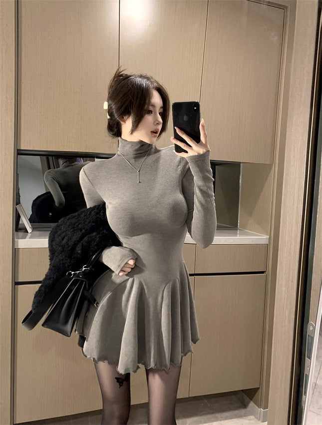 Pure Desire Hot Girl High Neck Versatile Long Sleeve Dress Women's Autumn and Winter New Waist Puff Skirt Slimming Bottoming Skirt Short Skirt