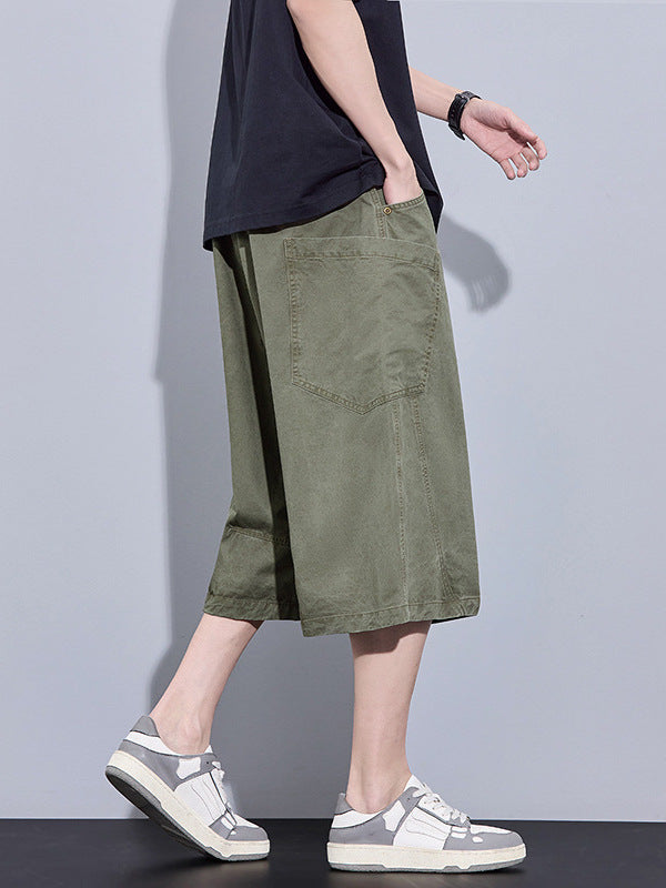 100% Summer Pure Cotton American Cargo Shorts for Men, Loose Fit, Wide-Leg Straight Cropped Casual Pants for Men