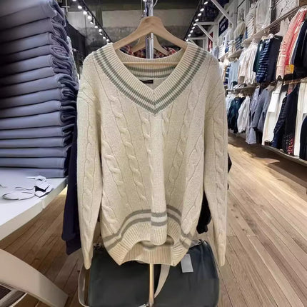 Brandy Knitted Sweater Women's Fresh Casual Versatile Fashionable V-Neck Cotton Elegant Cable Age-Reducing Long Sleeves