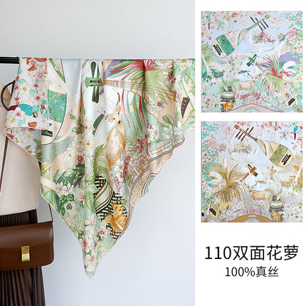 Chinese Style Double-sided Two-color Silk Flower Jacquard 110 Large Square Scarf Expensive Silk Scarf Shawl Gift Giving High-end Scarf