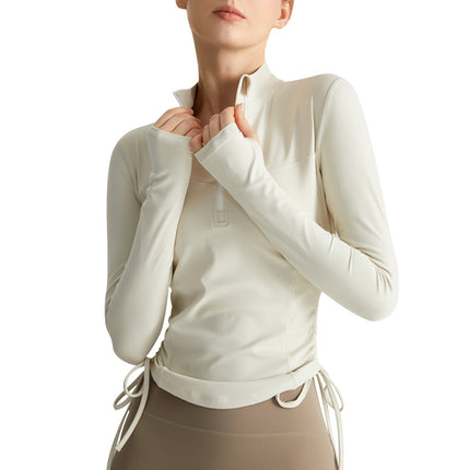 Chuanton Long-Sleeved Fitness Clothing Tops for Women Half-Zip Stand-Up Collar Drawstring Pleated Slim Outer Wear Sports Yoga Clothing