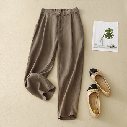 Real shot 202 summer new cropped plus size casual solid color linen leggings women's high waist slim Harlan pants