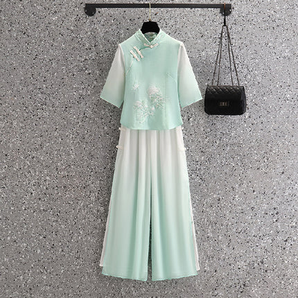Vintage Chinese Top Set Large Size Chinese Style Seven-point Sleeve Cheongsam Peony Embroidered Gradient Pants Two-piece Set