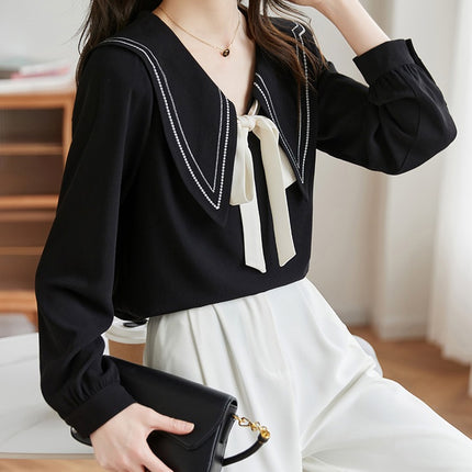 plus size Women's French Color Contrast Elegant V-neck Small Shirt Women's Spring Slight Fat Pear Figure Women's Top