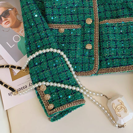 Vintage Heavy Industry Coat Green Sequin Small Fragrant Style suit Women's Autumn and Winter 2024 New High Waist Split Skirt