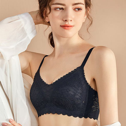 Stable big chest small ultra-thin seamless underwear beauty back breathable lace latex cup fixed Cup rabbit ears bra