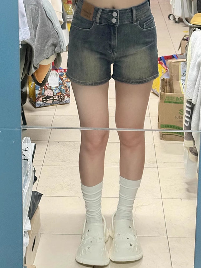American Retro High-Waisted Denim Shorts for Women, Summer Plus-Size Elastic Pear-Shaped Figure Slimming Hot Pants