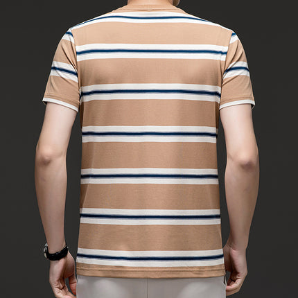 Mingdi Mouse Men's Summer New Short-sleeved Pure Cotton Crewneck T-shirt Business All-match Striped Young and Middle-aged Men's T-shirt