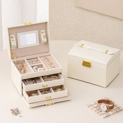 [Low Price Big Sale] Three-Layer Leather Drawer-Type Jewelry Box Multi-Functional Desktop Ring Necklace Earrings