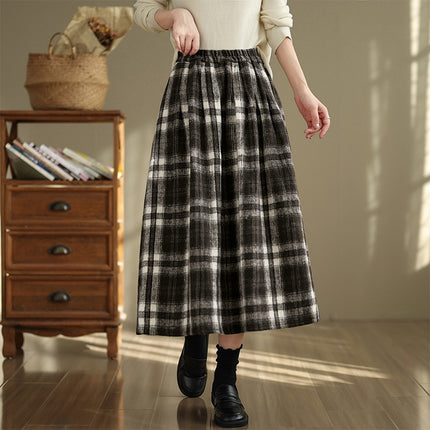 Real Shot of Thickeneded Woolen Elastic Waist Casual Plaid Skirt Retro Literary A-Line Skirt for Women 2025 Autumn and Winter New Products