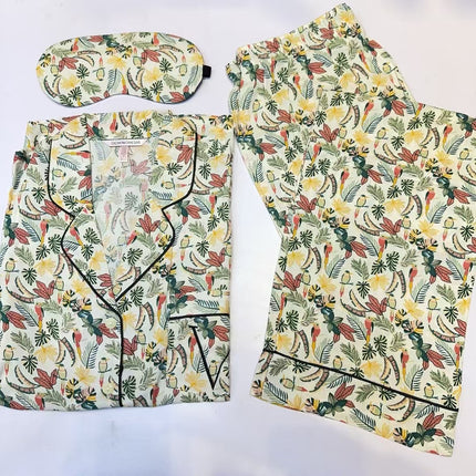 2025 Big-Name Catwalk Export Brushed Cotton Long-Sleeved Women's Pajamas Printed Casual French Outer Wear Home Clothes with Eye Mask