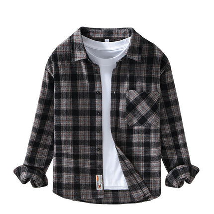 Autumn Men's Brushed Plaid Long-Sleeved Shirt Jacket Trendyy Casual Loose Versatile Young Men's Shirt 3306