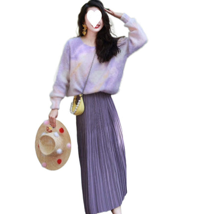 Autumn outfit with a set of gentle wear purple knitted sweater with high waist skirt slimming two-piece set