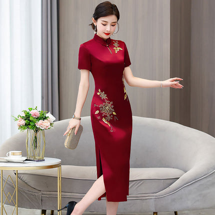 Acetic Acid Satin Embroidered Cheongsam Dress Happy Mother Wedding Dress dress wine red Fashion Young Slim Dress