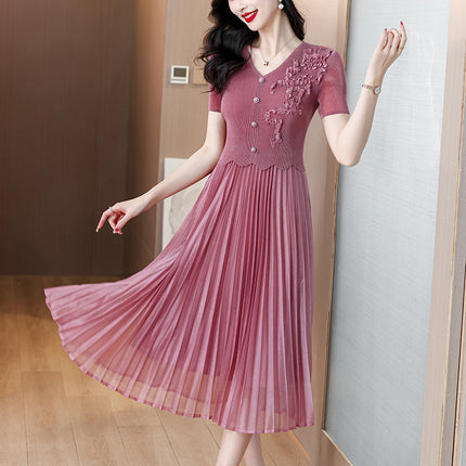 Miyake Pleated 2026 Spring New Fashion Versatile Three-Dimensional Floral Pleated Dress Plus Size Slimming V-Neck Magic Dress
