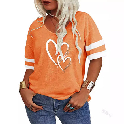 Europe and the United States cross-border 2025 spring and summer TEMU foreign trade women's V-neck loose cross love printing color matching short sleeve T-shirt women