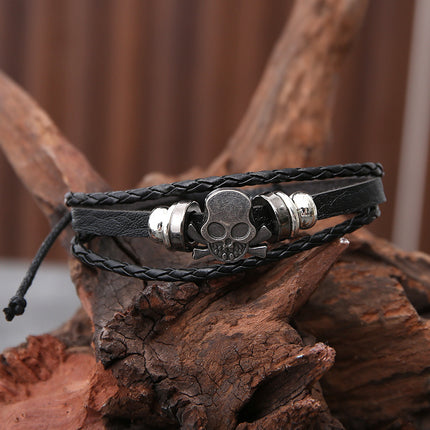 Cross-Border Hot-Selling European and American Jewelry Punk New Cowhide Buckle Bracelet Skull Beaded Leather Bracelet Jewelry