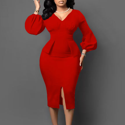 D354 Amazon European and American Women's V-neck Puff Sleeve Split Dress office Pencil Skirt African Dress