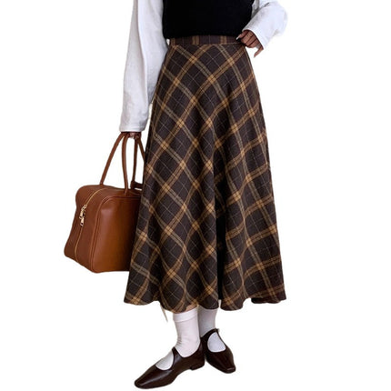 Trendy Youthful Coffee-Colored Plaid High-Waisted Slimming A-Line Midi Skirt for Spring