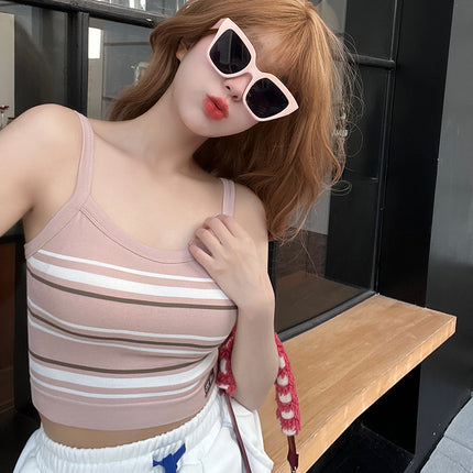 Spring and summer ins style new thread stripe bottoming camisole women's one-piece cup non-wearing text