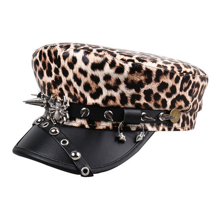 Trendy Ins Fashion Chain Spider Navy Hat for Women Spring Summer Pu Leather Flat Top Hat Black Leopard Print Personality Newsboy Cap