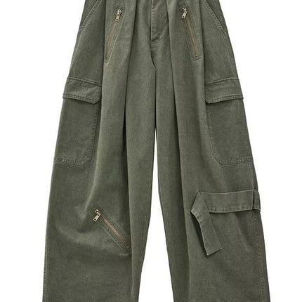 American Retro Army Green Multi-Pocket Design Cargo Pants for Women 2025 Summer High-Waisted Wide-Leg Floor-Length Jeans