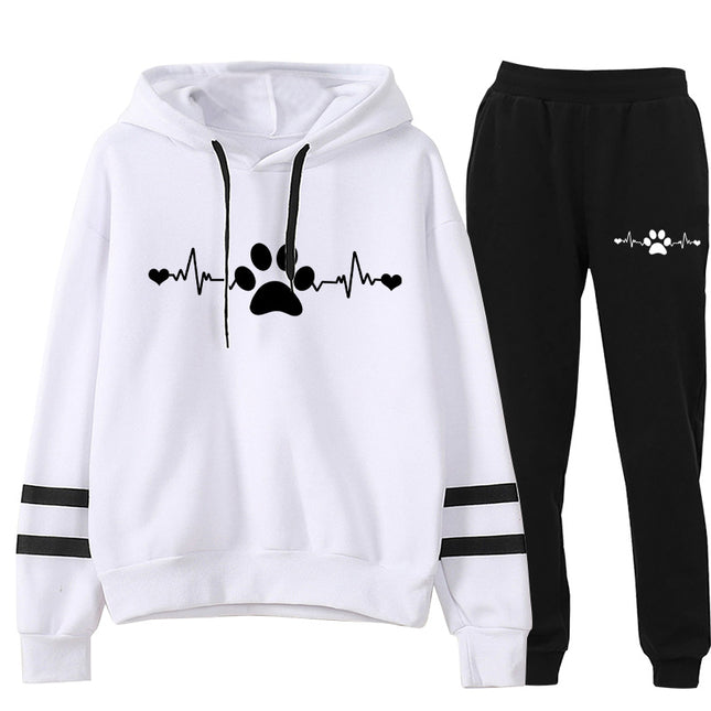 Heart beat electrocardiogram dog claw dog foot love print parallel bars striped long sleeve hooded sweater suit European code cross border