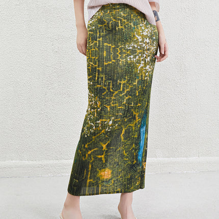 Miyake Summer High-Waisted Green Printed Long Skirt New Fashion High-Waisted Slimming Look Slit Half-Length Hip-Hugging Straight Skirt