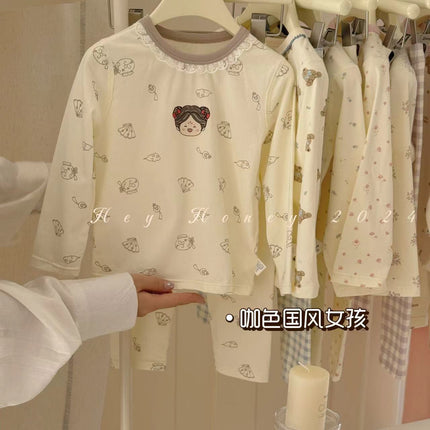 Spot Large and Small Roll Heyhoney24 Lycra Cotton Boys and Girls Autumn Clothes Intimates Printed Home Clothes Pajamas Two-Piece Set