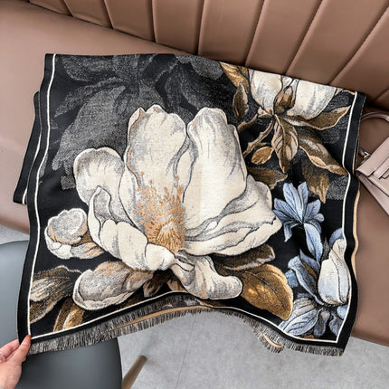 Autumn and Winter Imitation Cashmere Versatile Cold-Proof Scarf for Women, Fashionable and Elegant Large Flower Brushed Scarf, Thickeneded and Warm Large Shawl
