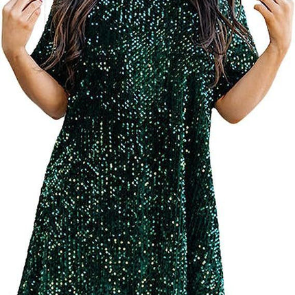 Cross-Border European and American Style Glitter Sequin Half-Sleeved Round Neck Ruffled Loose Short-Sleeved Dress Banquet Dress 10 Colors