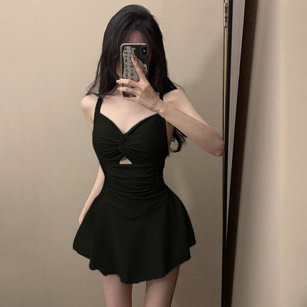 One-Piece Swimsuit, Feminine Hot Spring Bathing Suit, Slimming Look, Belly-Covering, High-End Conservative Small-Breasted Push-Up Halter Swimsuit