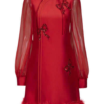 Zhili New Chinese Style Red Festive A-Line Dress 2026 Spring New Model Tummy-Concealing Long Sleeve Dress for Important Occasions