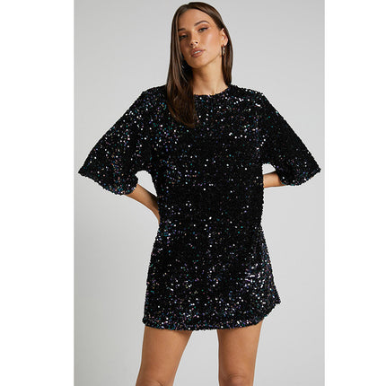 European and American cross-border autumn and winter New velvet sequins fashion elegant back V-neck backless short sleeve dress