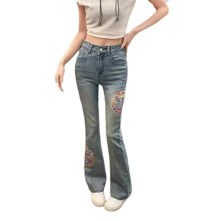 New Chinese Style Embroidered Flared Jeans for Women, Spring and Autumn New High-Waisted Slimming Stretchy Extended Bootcut Pants