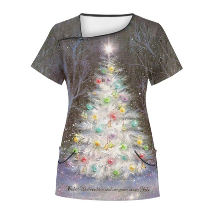 Cross-Border Aliexpress Amazon Women's Short-Sleeved Christmas Positioning Printed Flap Pocket Pants Top Scrub Clothes T-Shirt
