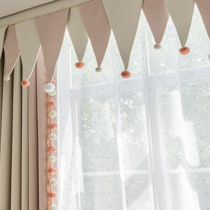 Cream-Colored Chenille Blackout Curtains for Children's Room, Sleeping Beauty Style, with Pom-Pom Design, Custom-Made Finished Product