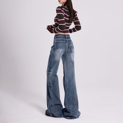2025 New Women's Slim Small Spring Mop Pants Design Retro Blue High Waist Wide Leg Pants for Outer Wear