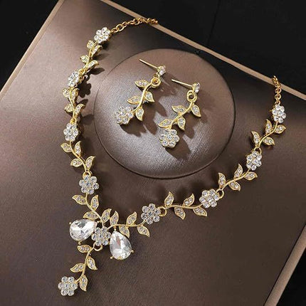 New Cross-Border Wholesale Bridal Rhinestone Water Drop Necklace and Earrings Jewelry Set for Women's Evening Dress Accessories