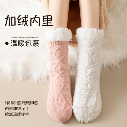 Lamb Velvet Socks Women's Autumn and Winter fleece-lined Thickened Warm Feet Home Sleeping Warm Plush Postpartum Floor Socks