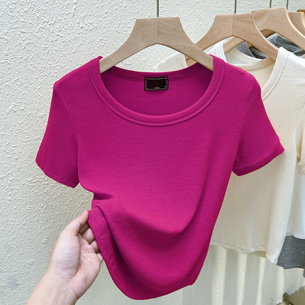 2025 New Summer U-Neck Right Shoulder T-Shirt Slim Design Niche Short-Sleeved Sexy Small Top for Women Export
