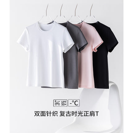 Retro Time T Double-sided Knitted Moisture Absorption Quick-drying Short-sleeved Fit Shoulder Round Neck Top Cool Sunscreen T-shirt for Women